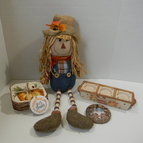 Lot of Fall Decor Pumpkins Coasters Leaf Candleholder Scarecrow Sitter SOME NEW - Picture 1 of 7